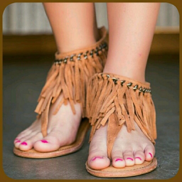 Shoes - Fringe Tan Suede Sandals